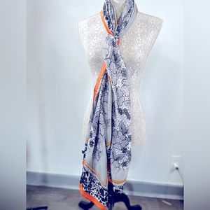 Women’s elegant silk-like scarf; large shawl, beach cover up, grey and orange.